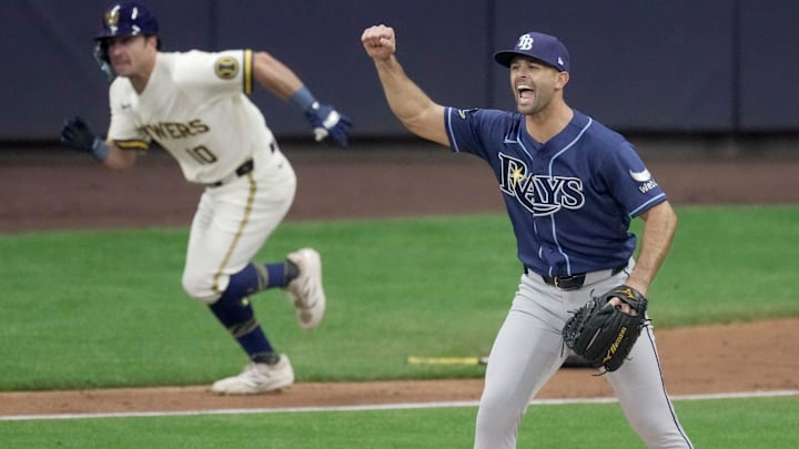 Tampa Bay Rays pitcher Nick Martinez (28) reacts after Milwaukee Brewers right fielder Sal Frelick (10) hits into a double-play during the second inning of their game Monday, March 30, 2026 American Family Field in Milwaukee, Wisconsin.