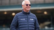 Trainer Todd Pletcher smiles after greets Leslie's Rose won the Central Bank Ashland Stakes in the ninth race of first day of the 2024 Spring Meet in Lexington, Ky. April 5, 2024