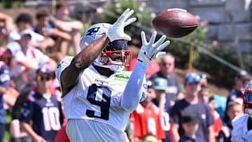 Jul 28, 2025; Foxborough, MA, USA; New England Patriots wide receiver Kayshon Boutte (9) makes a catch during training camp at Gillette Stadium. Mandatory Credit: Eric Canha-Imagn Images
