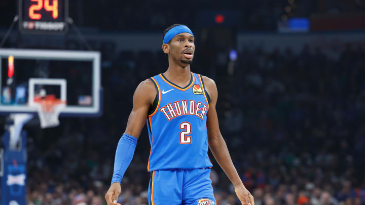 Jan 2, 2024; Oklahoma City, Oklahoma, USA; Oklahoma City Thunder guard Shai Gilgeous-Alexander (2) looks down the court before a play against the  Boston Celtics during the first quarter at Paycom Center. Mandatory Credit: Alonzo Adams-USA TODAY Sports