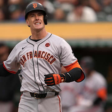 Aug 17, 2024; Oakland, California, USA; San Francisco Giants first baseman Mark Canha (16) during the ninth inning against the Oakland Athletics at Oakland-Alameda County Coliseum.