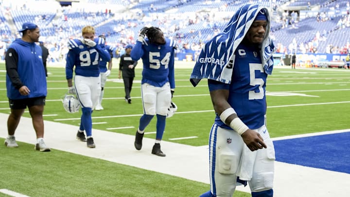 Sep 8, 2024; Indianapolis, Indiana, USA; Indianapolis Colts quarterback Anthony Richardson (5) walks off the field Sunday, Sept. 8, 2024, after a game against the Houston Texans at Lucas Oil Stadium. Mandatory Credit: Christine Tannous/USA TODAY Network via Imagn Images