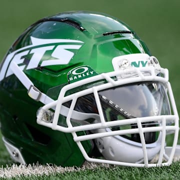 Aug 16, 2025; East Rutherford, New Jersey, USA; General view of a New York Jets helmet prior to the game against the New York Giants at MetLife Stadium. Mandatory Credit: Rich Barnes-Imagn Images