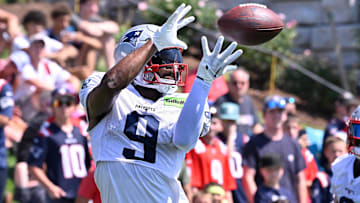 New England Patriots wide receiver Kayshon Boutte (9) makes a catch during training camp at Gillette Stadium.