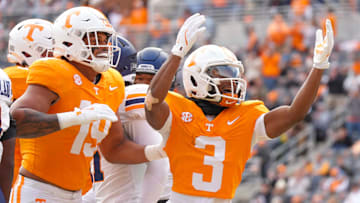 Nov 23, 2024; Knoxville, Tennessee, USA; Tennessee Volunteers wide receiver Squirrel White (3) celebrates with tight end Holden Staes (19) after scoring a touchdown against the UTEP Miners during the first half at Neyland Stadium. Mandatory Credit: Angelina Alcantar/USA TODAY Network via Imagn Images