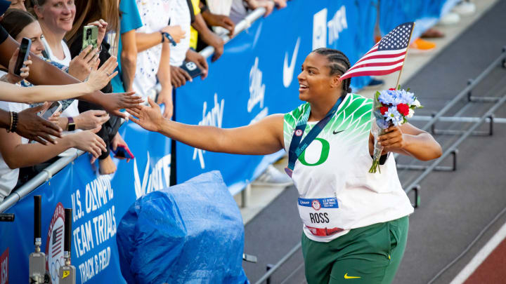 Oregon's Jaida Ross greets fans after finishing third in the women's shot put during day nine of the U.S. Olympic Track & Field Trials Saturday, June 29, 2024, at Hayward Field in Eugene, Ore.