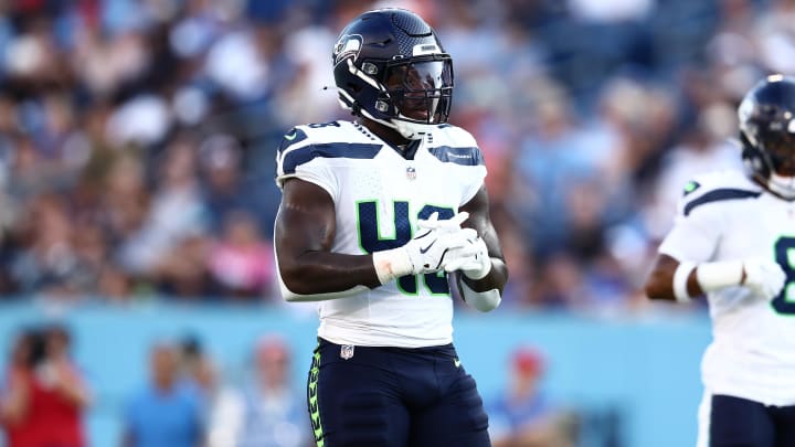 Aug 17, 2024; Nashville, Tennessee, USA; Seattle Seahawks linebacker Tyrice Knight (48) gets ready for a play in the first quarter of the game against the Tennessee Titans at Nissan Stadium. Mandatory Credit: Casey Gower-USA TODAY Sports