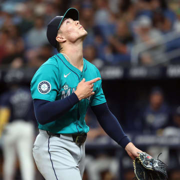 Seattle Mariners pitcher Bryan Woo reacts at the end of the first inning against the Tampa Bay Rays on June 24 at Tropicana Field.