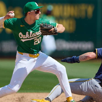 Aug 24, 2024; Oakland, California, USA; Oakland Athletics infielder Zack Gelof (20) throws the ball to first base as Milwaukee Brewers outfielder Garrett Mitchell (5) slides into second base during the sixth inning at Oakland-Alameda County Coliseum. Mandatory Credit: Robert Edwards-Imagn Images