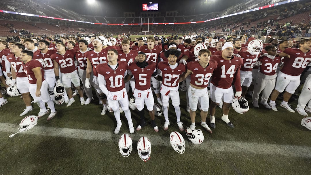 Nov 29, 2025; Stanford, California, USA;  General view of the players for Stanford Cardinal after losing to Notre Dame Fighting Irish at Stanford Stadium. Mandatory Credit: Stan Szeto-Imagn Images