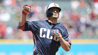 May 19, 2024; Cleveland, Ohio, USA; Cleveland Guardians second baseman Andres Gimenez (0) rounds the bases after hitting a home run during the first inning against the Minnesota Twins at Progressive Field.