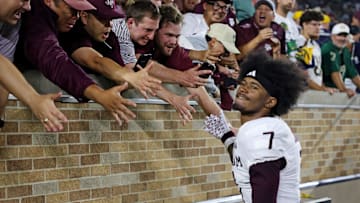 Sep 13, 2025; South Bend, Indiana, USA; Texas A&M Aggies cornerback Tyreek Chappell (7) greets fans after their win against Notre Dame Fighting Irish at Notre Dame Stadium. Mandatory Credit: Trevor Ruszkowski-Imagn Images