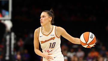 May 11, 2025; Phoenix, AZ, USA; Phoenix Mercury guard Sevgi Uzun (10) against the Golden State Valkyries during a preseason game at PHX Arena. Mandatory Credit: Mark J. Rebilas-Imagn Images