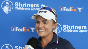 Oct 13, 2023; Las Vegas, Nevada, USA; Lexi Thompson smiles during an interview after the second round of the Shriners Children's Open golf tournament at TPC Summerlin.
