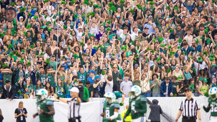 Dec 2, 2023; New Orleans, LA, USA; Tulane Green Wave student section cheer against the Southern Methodist Mustangs for a missed field goal attempt during the first half at Yulman Stadium. Mandatory Credit: 