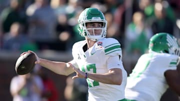 Jan 3, 2025; Dallas, TX, USA; North Texas Mean Green quarterback Drew Mestemaker (17) throws a pass during the first quarter against the Texas State Bobcats at Gerald J. Ford Stadium. Mandatory Credit: Tim Heitman-Imagn Images