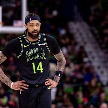 Apr 29, 2024; New Orleans, Louisiana, USA; New Orleans Pelicans forward Brandon Ingram (14) looks on against Oklahoma City Thunder guard Luguentz Dort (5) during the first half of game four of the first round for the 2024 NBA playoffs at Smoothie King Center. 