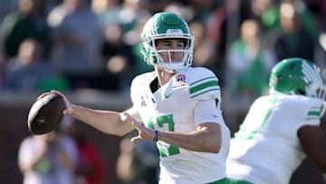 Jan 3, 2025; Dallas, TX, USA; North Texas Mean Green quarterback Drew Mestemaker (17) throws a pass during the first quarter against the Texas State Bobcats at Gerald J. Ford Stadium. Mandatory Credit: Tim Heitman-Imagn Images