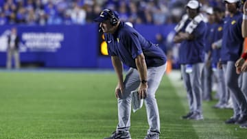 Oct 3, 2025; Provo, Utah, USA; West Virginia Mountaineers head coach Rich Rodriguez looks on during the fourth quarter of the game against the Brigham Young Cougars at LaVell Edwards Stadium. Mandatory Credit: Rob Gray-Imagn Images