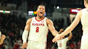 Jan 29, 2025; Starkville, Mississippi, USA; Alabama Crimson Tide guard Chris Youngblood (8) reacts after defeating the Mississippi State Bulldogs at Humphrey Coliseum. Mandatory Credit: Wesley Hale-Imagn Images
