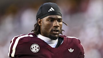 Oct 11, 2025; College Station, Texas, USA; Texas A&M Aggies running back Le'Veon Moss (8) looks on prior to the game against the Florida Gators at Kyle Field. Mandatory Credit: Maria Lysaker-Imagn Images 