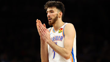 Apr 9, 2025; Phoenix, Arizona, USA; Oklahoma City Thunder forward Chet Holmgren (7) reacts against the Phoenix Suns during the first half at Footprint Center. Mandatory Credit: Mark J. Rebilas-Imagn Images