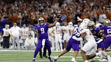 Jan 1, 2024; New Orleans, LA, USA; Washington Huskies quarterback Michael Penix Jr. (9) passes the ball against the Texas Longhorns during the second half of the 2024 Sugar Bowl college football playoff semifinal game at Caesars Superdome. Mandatory Credit: Geoff Burke-Imagn Images