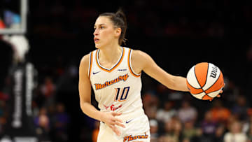 May 11, 2025; Phoenix, AZ, USA; Phoenix Mercury guard Sevgi Uzun (10) against the Golden State Valkyries during a preseason game at PHX Arena. Mandatory Credit: Mark J. Rebilas-Imagn Images