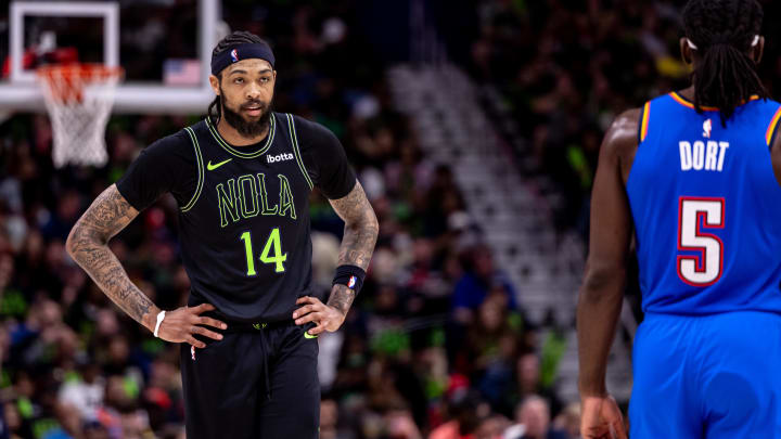 Apr 29, 2024; New Orleans, Louisiana, USA; New Orleans Pelicans forward Brandon Ingram (14) looks on against Oklahoma City Thunder guard Luguentz Dort (5) during the first half of game four of the first round for the 2024 NBA playoffs at Smoothie King Center.
