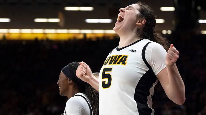 Iowa center Ava Heiden (5) reacts Oct. 29, 2026 during an exhibition game against the Maryville Saints at Carver-Hawkeye Arena in Iowa City, Iowa.