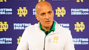 Notre Dame athletics director Pete Bevacqua speaks with media at Notre Dame Stadium on Monday, Dec. 17, 2024, in South Bend, Ind.