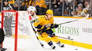 Dec 21, 2024; Nashville, Tennessee, USA;  Nashville Predators left wing Zachary L'Heureux (68) skates behind the net against the Los Angeles Kings during the third period at Bridgestone Arena. Mandatory Credit: Steve Roberts-Imagn Images
