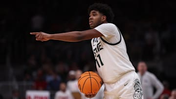 Mar 28, 2025; Atlanta, GA, USA; Michigan State Spartans guard Jase Richardson (11) in the second half of a South Regional semifinal of the 2025 NCAA tournament against the Mississippi Rebels at State Farm Arena. Mandatory Credit: Brett Davis-Imagn Images