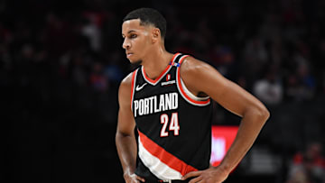 Nov 1, 2024; Portland, Oregon, USA; Portland Trail Blazers forward Kris Murray (24) waits for play to resume during the fourth quarter at Moda Center. Mandatory Credit: Brian Murphy-Imagn Images