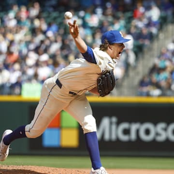 Seattle Mariners starting pitcher Logan Gilbert (36) throws against the Texas Rangers during the fourth inning at T-Mobile Park on April 13.