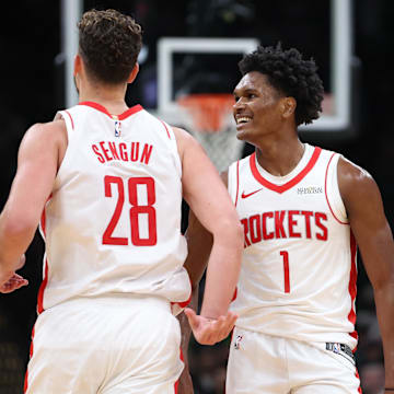 Nov 1, 2025; Boston, Massachusetts, USA; Houston Rockets forward Amen Thompson (1) and center Alperen Sengun (28) react during the second half against the Boston Celtics at TD Garden. Mandatory Credit: Paul Rutherford-Imagn Images