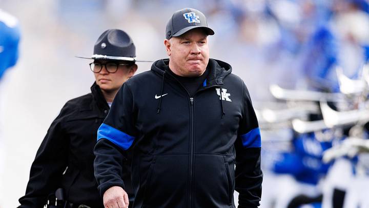 Nov 16, 2024; Lexington, Kentucky, USA; Kentucky Wildcats head coach Mark Stoops walks onto the field before the game against the Murray State Racers at Kroger Field. Mandatory Credit: Jordan Prather-Imagn Images