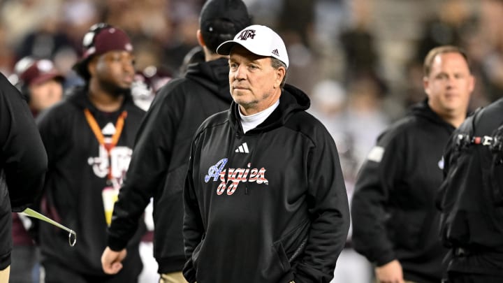 Nov 11, 2023; College Station, Texas, USA; Texas A&M Aggies head coach Jimbo Fisher looks on during warm ups prior to the game against the Mississippi State Bulldogs at Kyle Field. Mandatory Credit: Maria Lysaker-USA TODAY Sports