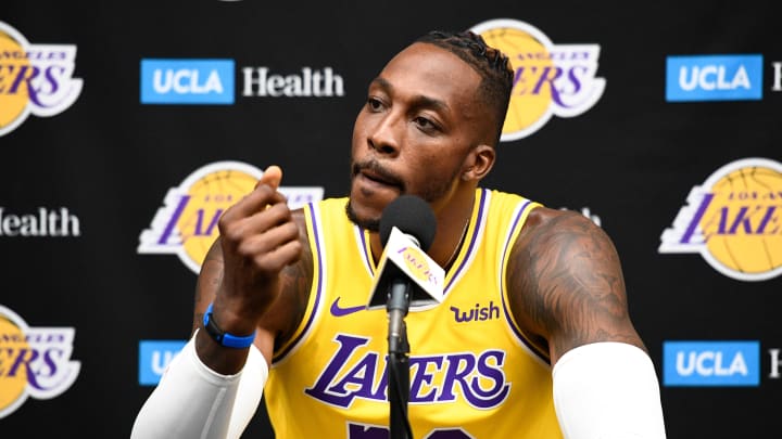 Sep 27, 2019; Los Angeles, CA, USA; Los Angeles Lakers center Dwight Howard listens to a question during the Lakers media day at the UCLA Health Training Center in El Segundo, CA. Mandatory Credit: Robert Hanashiro-USA TODAY Sports