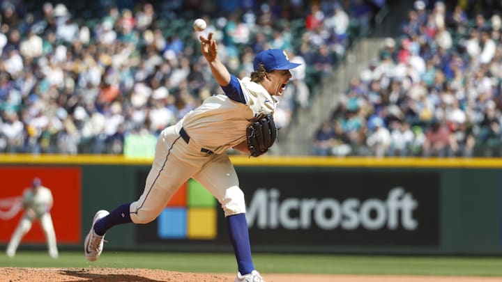 Seattle Mariners starting pitcher Logan Gilbert (36) throws against the Texas Rangers during the fourth inning at T-Mobile Park on April 13. Seattle Mariners starting pitcher Logan Gilbert (36) throws against the Texas Rangers during the fourth inning at T-Mobile Park on April 13.