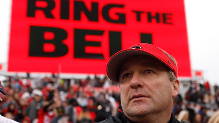 Georgia coach Kirby Smart looks back into Sanford Stadium after winning an NCAA college football game between Georgia and Georgia Tech in Athens Ga., Saturday, Nov. 24, 2018. [Photo/Joshua L. Jones, Athens Banner-Herald]