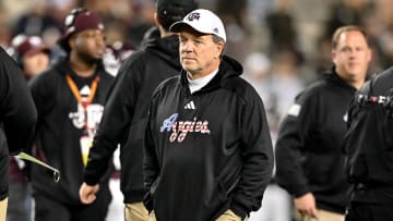 Nov 11, 2023; College Station, Texas, USA; Texas A&M Aggies head coach Jimbo Fisher looks on during warm-ups before the game against the Mississippi State Bulldogs at Kyle Field. Mandatory Credit: Maria Lysaker-USA TODAY Sports