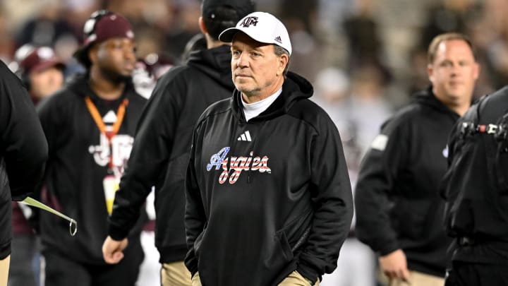 Nov 11, 2023; College Station, Texas, USA; Texas A&M Aggies head coach Jimbo Fisher looks on during warm-ups before the game against the Mississippi State Bulldogs at Kyle Field. Mandatory Credit: Maria Lysaker-USA TODAY Sports