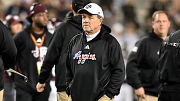 Nov 11, 2023; College Station, Texas, USA; Texas A&M Aggies head coach Jimbo Fisher looks on during warm ups prior to the game against the Mississippi State Bulldogs at Kyle Field.