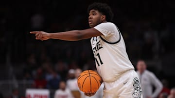 Mar 28, 2025; Atlanta, GA, USA; Michigan State Spartans guard Jase Richardson (11) in the second half of a South Regional semifinal of the 2025 NCAA tournament against the Mississippi Rebels at State Farm Arena. Mandatory Credit: Brett Davis-Imagn Images