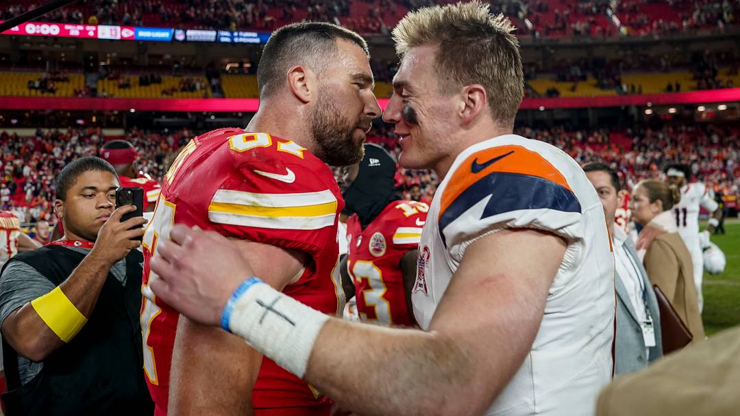 Dec 25, 2025; Kansas City, Missouri, USA; Denver Broncos quarterback Bo Nix (10) and Kansas City Chiefs tight end Travis Kelce (87) after the game at GEHA Field at Arrowhead Stadium. Mandatory Credit: Denny Medley-Imagn Images Dec 25, 2025; Kansas City, Missouri, USA; Denver Broncos quarterback Bo Nix (10) and Kansas City Chiefs tight end Travis Kelce (87) after the game at GEHA Field at Arrowhead Stadium. Mandatory Credit: Denny Medley-Imagn Images