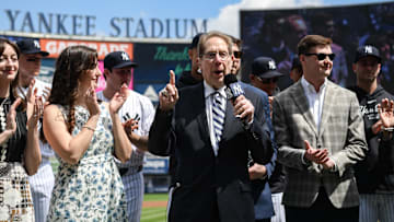 Apr 20, 2024; Bronx, New York, USA; Longtime Yankee announcer John Sterling is honored during a pregame ceremony in recognition of his retirement before a game against the Toronto Blue Jays at Yankee Stadium. Mandatory Credit: John Jones-Imagn Images