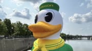 A giant inflatable Oregon duck in the White River in Indianapolis, the site of the 2024 Big Ten Media Days. 