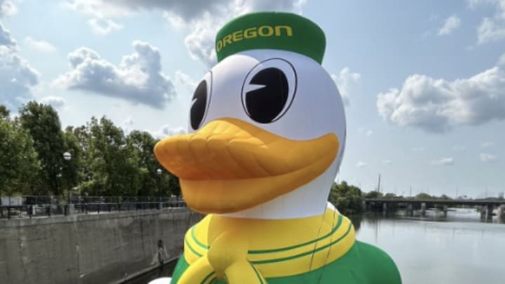 A giant inflatable Oregon duck in the White River in Indianapolis, the site of the 2024 Big Ten Media Days. 