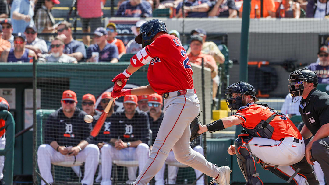 Mar 6, 2026; Lakeland, Florida, USA; Boston Red Sox outfielder Kristian Campbell (28) hits a two run home run during the first inning against the Detroit Tigers at Publix Field at Joker Marchant Stadium. Mandatory Credit: Mike Watters-Imagn Images